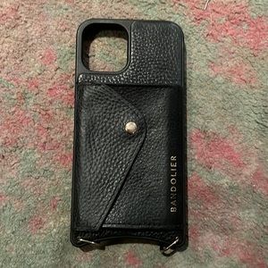 Bandolier iPhone 11 Pro black leather case with gold stud chain. Used.